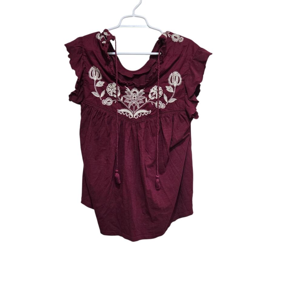 Knox Rose Embroidered Boho Peasant Top XL Burgundy